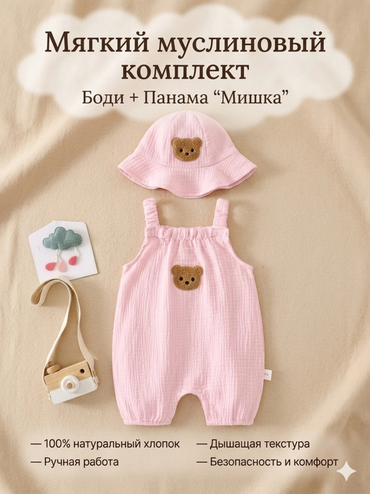 Комплект, одеждa для новорожденных: муслиновый боди комбинезон и панама