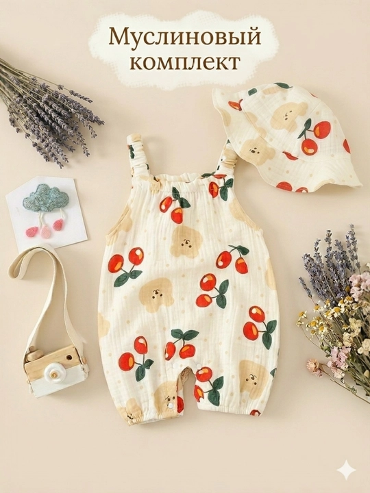 Комплект, одеждa для новорожденных: муслиновый боди комбинезон и панама
