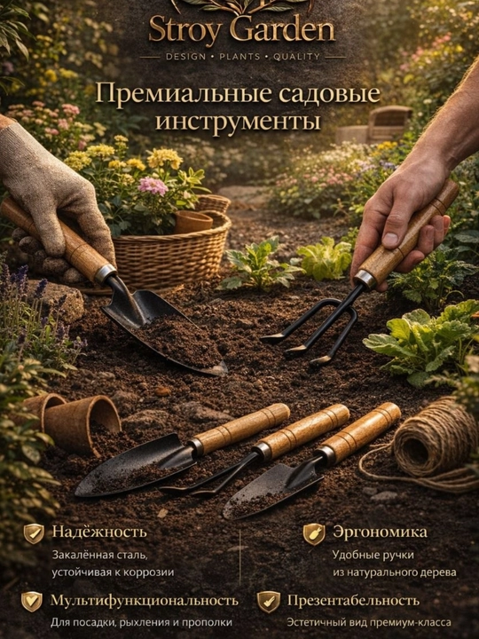 Набор садовых инструментов: лопата, грабли, мотыга, 3 предмета, 25 см