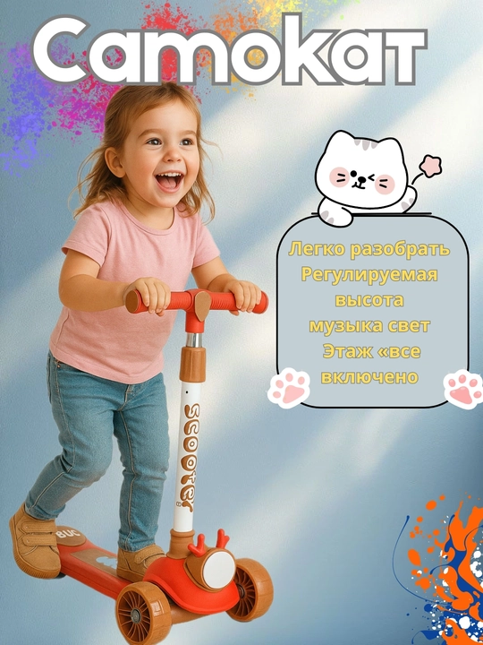 Bolalar samokati 3 g‘ildirakli, chiroqli, musiqali, balandligi sozlanadigan, yig‘iladigan