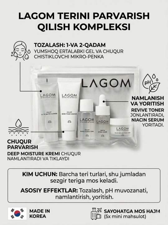 Дорожный набор миниатюр для лица Lagom Travel Kit , 5 средства - 