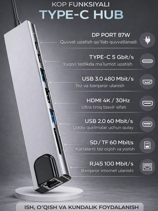 Type C HUB A+C — 8 portli universal adapter konsentrator, qulay o‘tkazgich