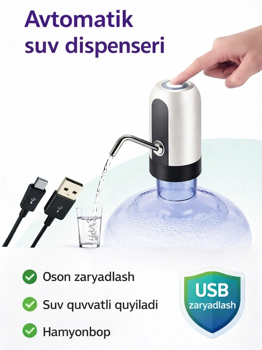 Elektr pompa, universal, ichimlik suv shishasi uchun, 5 dan 20 l gacha, USB quvvatlagich b
