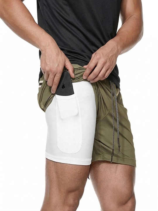 Erkaklar sport shortigi 2 tasi 1 da: tayts va telefon uchun cho'ntakli, sport va fitnes