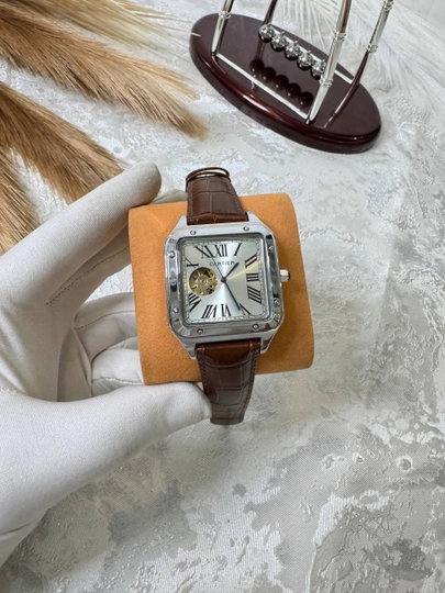 Мужские наручные часы Cartier, классический дизайн, механический механизм, эко-кожа — BRANDLU-CARTIMEX1-КОРИЧН