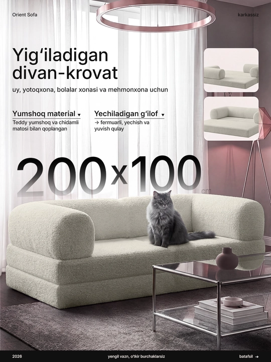 Karkazsiz transformatsiyalanuvchi divan yotoq, spalniy mebel Orient Sofa