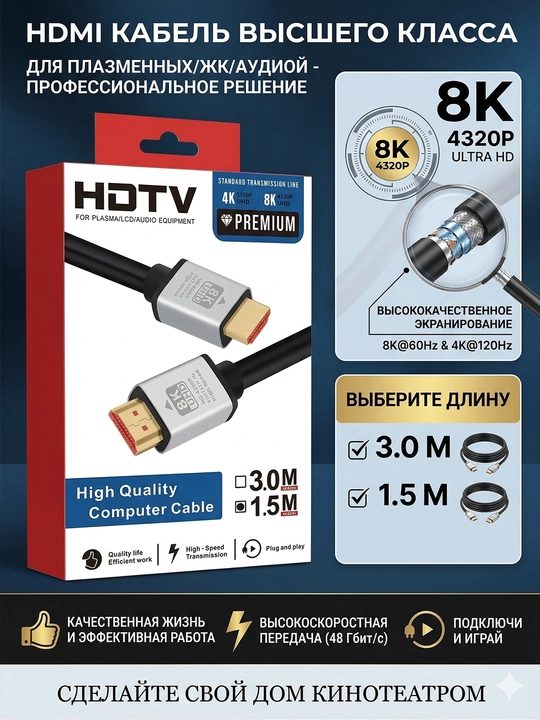 HDMI kabel 8K 4320P, 48 Gbit/s, 1.5 m / 3.0 m, 8K 60Hz, 4K 120Hz - 