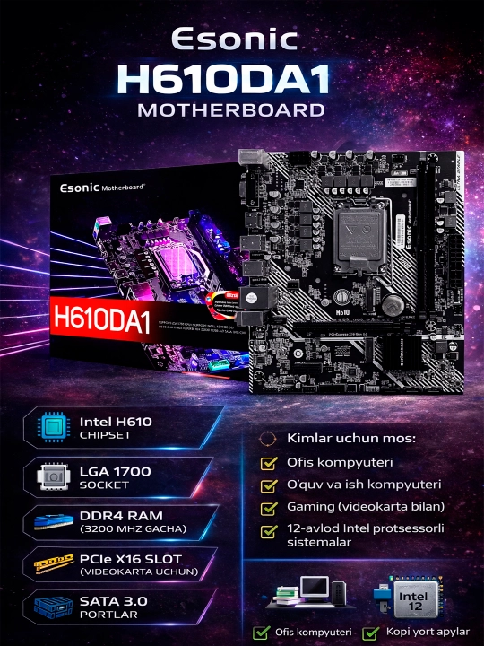 Ona plata Esonic H610 LGA 1700 DDR4 Intel Core i3 i5 i7 i9 gen 12th 13th