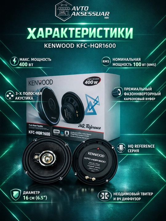 Колонки для авто KENWOOD KFC-HQR1600, 400 Вт коаксиальные динамики 2 шт