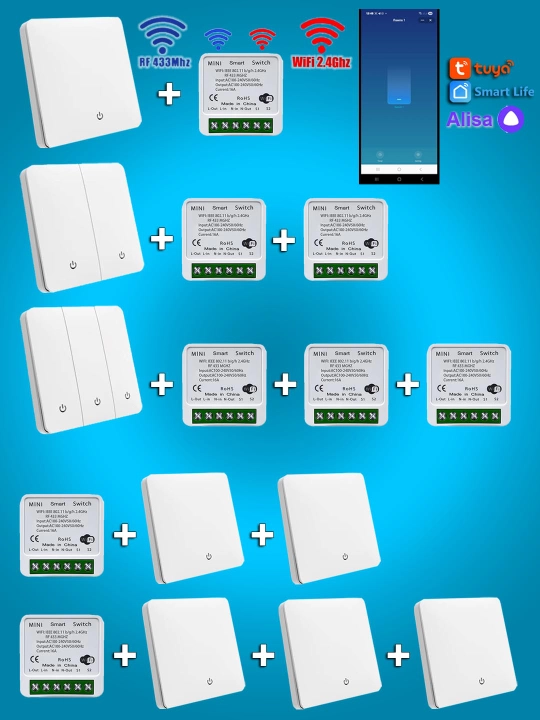 Ikki diapazonli WiFi+RF433 rele, Tuya Smart/Smart Life, Alisa