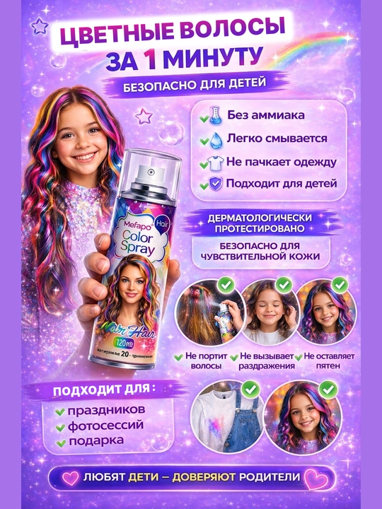 Спрей-краска для волос детская смываемая, цветной лак для волос временный, 120 мл