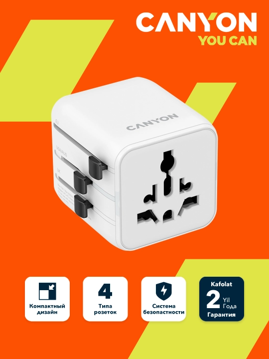 Canyon OnTour sayohat adapteri, universal, USB Type C portli, tezkor quvvatlash - 