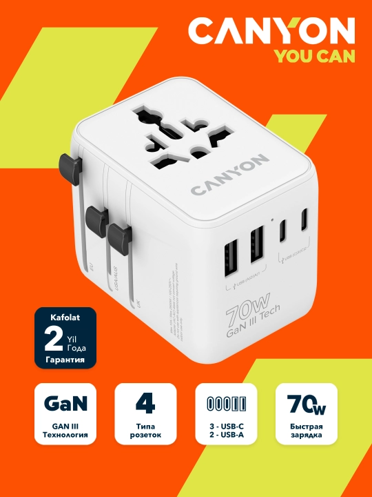 Canyon OnTour sayohat adapteri, universal, USB Type C portli, tezkor quvvatlash - 