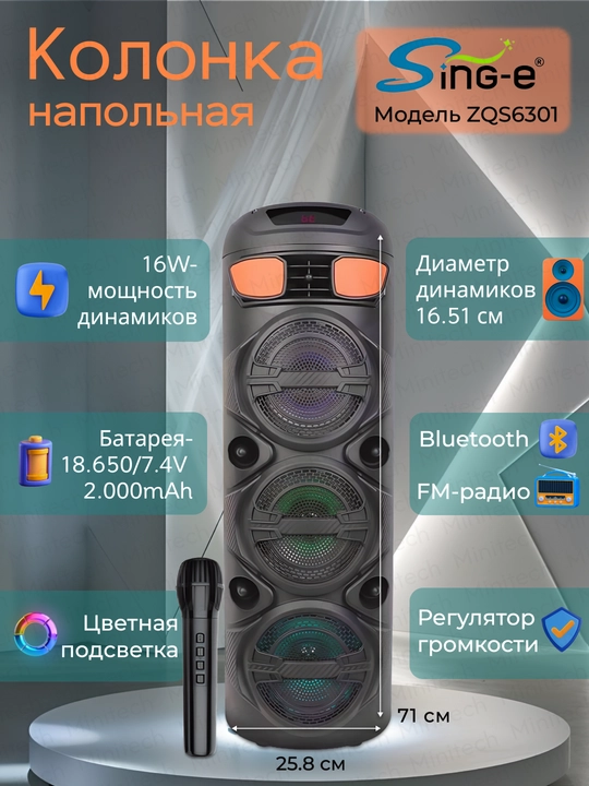 Portativ kolonka ZQS seriya Bluetooth RGB TWS mikrofon USB TF AUX FM displey karaoke bilan - 
