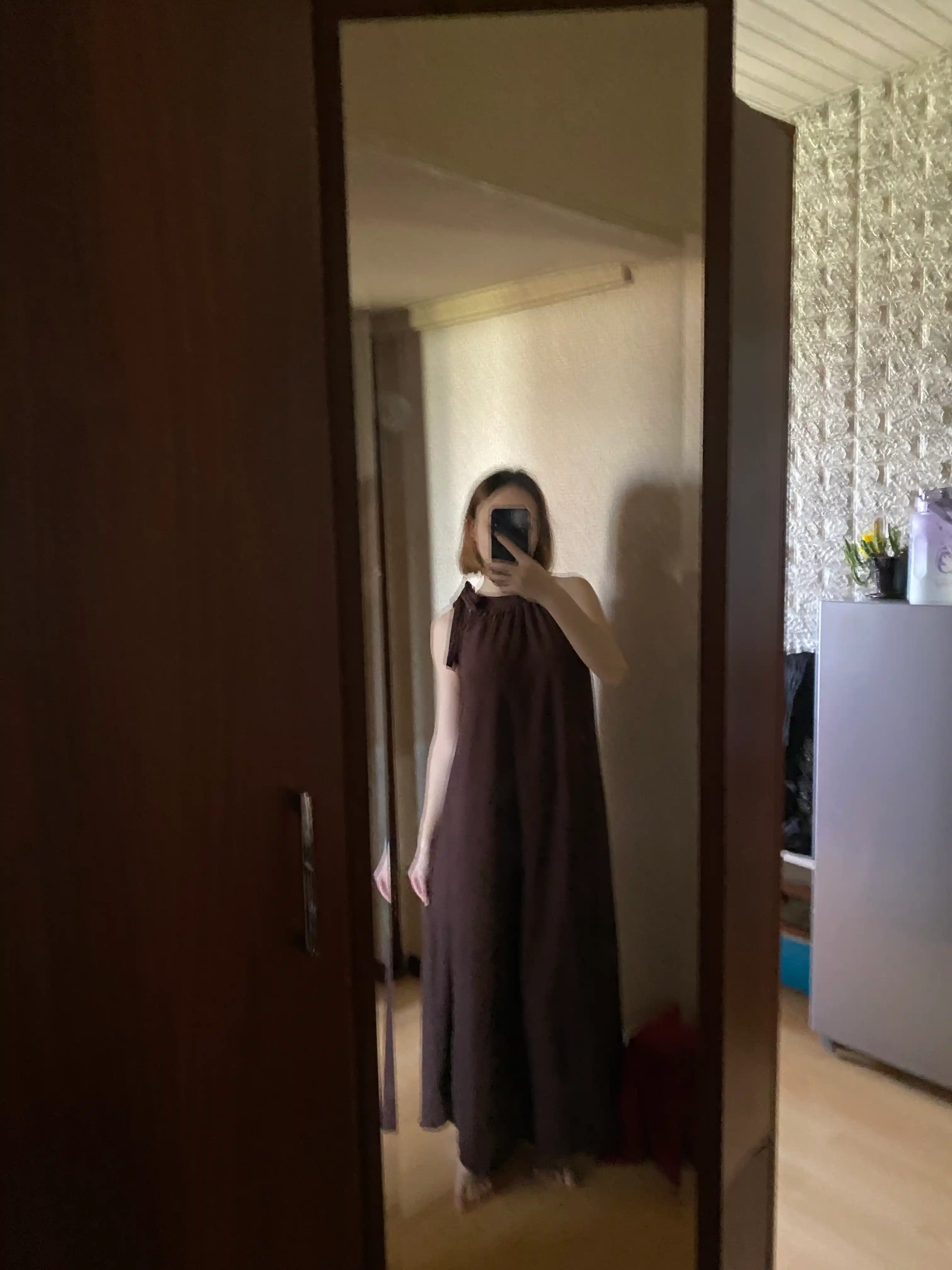 Sarafan libos, uzun, bantli, limon va jigarrang, standart o‘lchamda