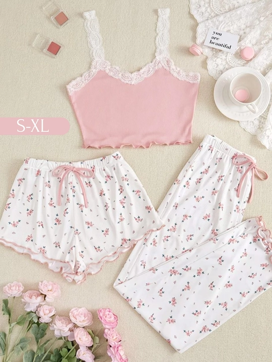 Pijama ayollar uchun 3x1, ayollar uy kiyimi to‘plami, troyka - top, shim va shortik