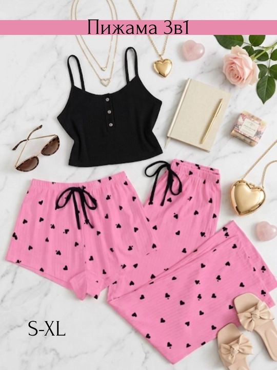 Pijama ayollar uchun 3x1, ayollar uy kiyimi to‘plami, troyka - top, shim va shortik