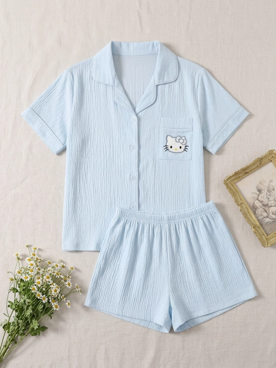 Ayollar pijamasi komplekt, ko‘ylak va shorti, shim, yozgi, M/XL