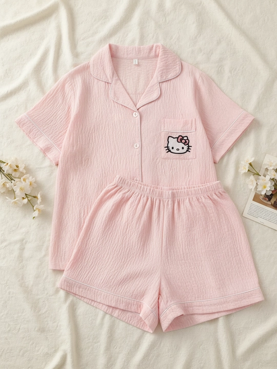 Ayollar pijamasi komplekt, ko‘ylak va shorti, shim, yozgi, M/XL