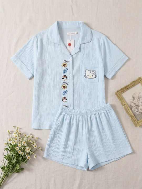 Ayollar pijamasi komplekt, ko‘ylak va shorti, shim, yozgi, M/XL