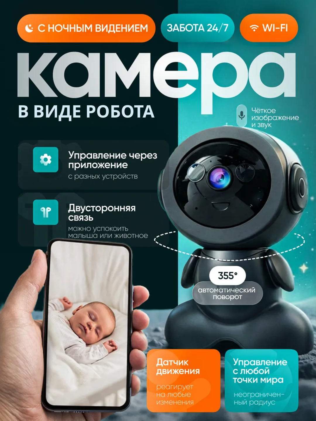 Мини Wi-Fi камера видеонаблюдения для дома и личной безопасности - 
