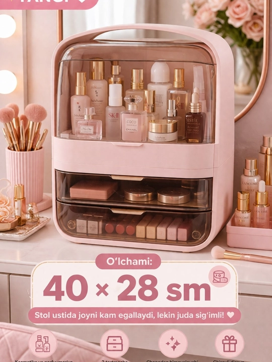 Katta kosmetika organayzeri, 2 tortmali pardoz qutisi, shaffof qopqoqli boks, 40x28 sm - 