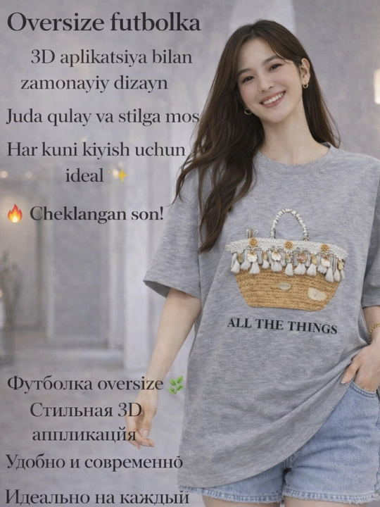 Ayollar oversize futbolkasi — biserli gul aplikatsiyali model - 