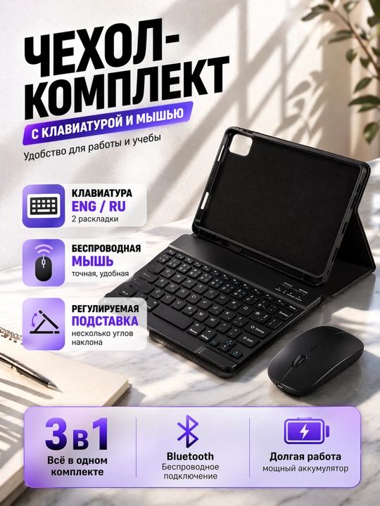 Беспроводная Bluetooth клавиатура + чехол + мышь для планшета RU+EN – для Samsung Tab - 