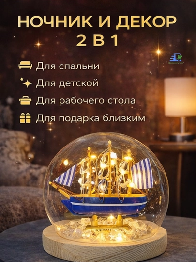 Корабль в стеклянной колбе с подсветкой LED ночник декор подарок, 13 см — УГОЛОК-SHIPLIGHT-ГОЛУБ