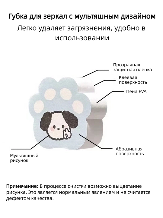 Губки для зеркал 4шт, без моющего, от пятен, с клеем, для ванной и стекол