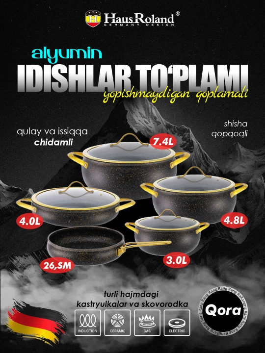 Haus Roland anti-yopishqoq qoplamali oshxona anjomlari uchun alyuminiy to‘plami 5 ta buyum - 