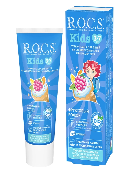 Tish pastasi R.O.C.S. Kids 3 yoshdan 7 yoshgacha bo'lgan bolalar uchun, mevali konus, 45