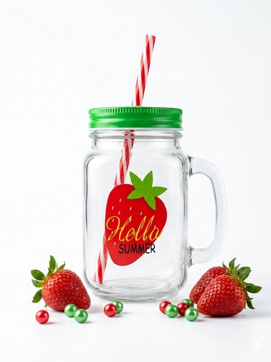Shisha krujka tutqichli, qopqoqli va somonchali banka-stakan ,300 ml - 