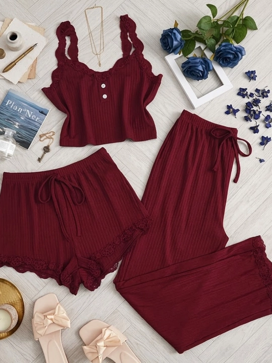 Pijama ayollar uchun 3x1, ayollar uy kiyimi to‘plami, troyka - top, shim va shortik