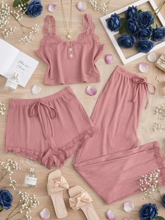 Pijama ayollar uchun 3x1, ayollar uy kiyimi to‘plami, troyka - top, shim va shortik