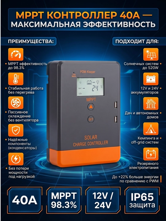 Контроллер заряда солнечной батареи POW-Keeper 1240, 12/24В, LCD, USB - 