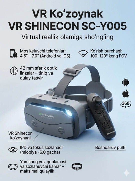 VR SHINECON virtual reallik ko‘zoynagi, giroskop sensori mavjud, vr ochki 360