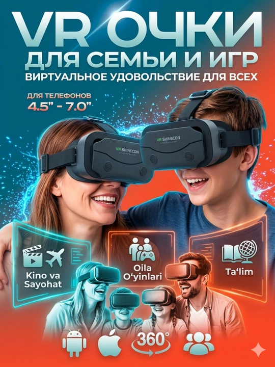 VR SHINECON virtual reallik ko‘zoynagi, giroskop sensori mavjud, vr ochki 360