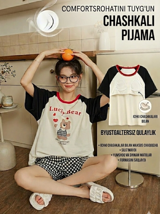 Pijama ayollar uchun 3x1, ayollar uy kiyimi to‘plami, troyka - top, shim va shortik
