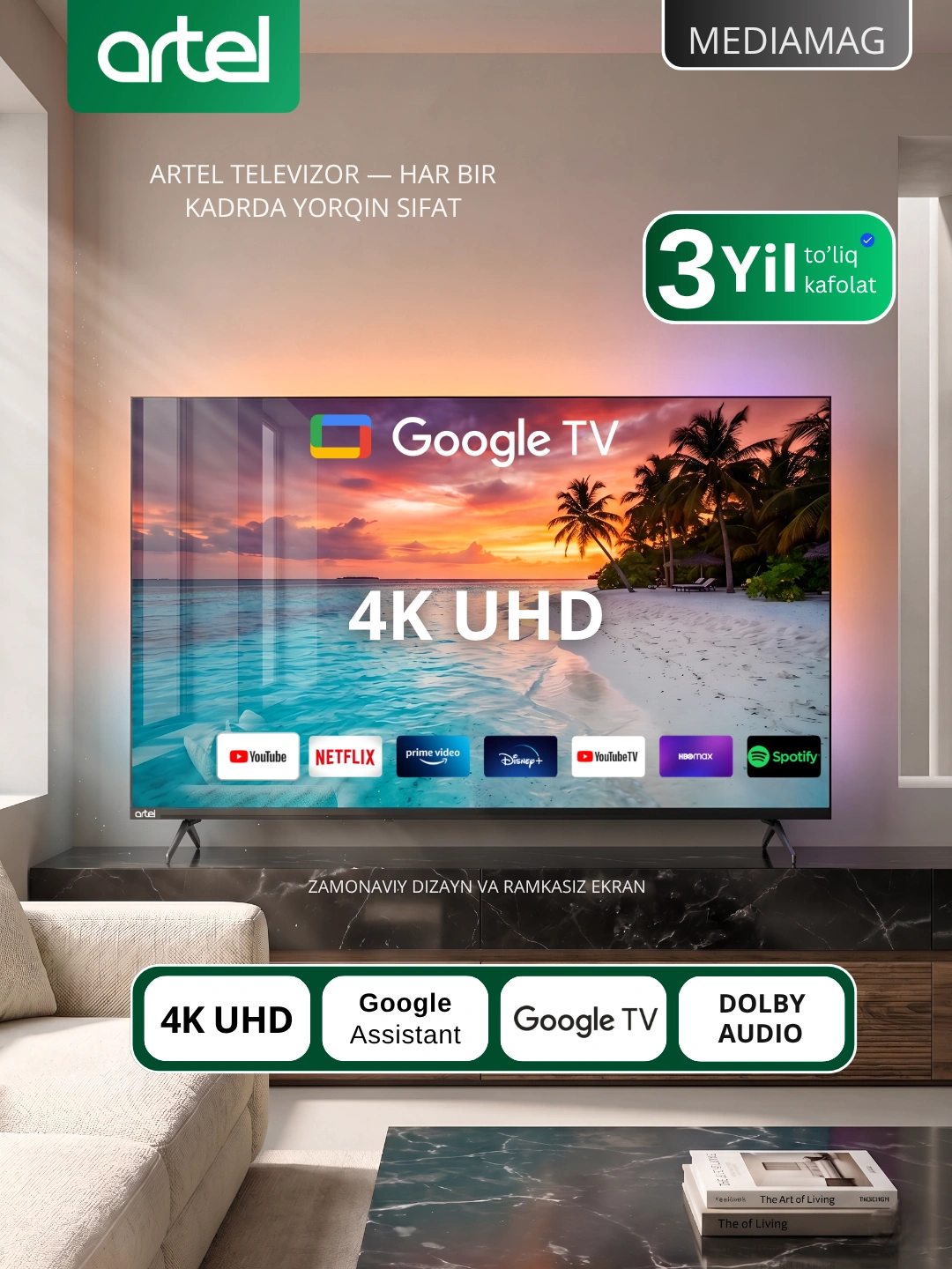 Телевизор Artel PUCH010 43″,50″,55″,65″ 4K UHD Google Tv, Dolby Digital за 3179000 сум со скидкой 21%. Uzum Market