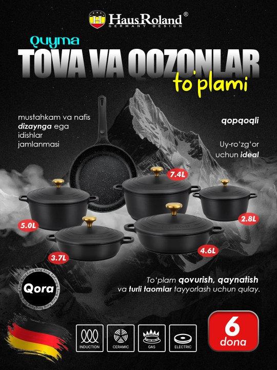 HausRoland quyma kastryulkalar va tovalar to‘plami, qopqoqli, qora va oq rangda - 