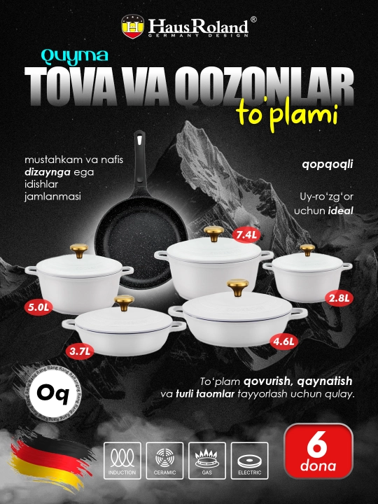 HausRoland quyma kastryulkalar va tovalar to‘plami, qopqoqli, qora va oq rangda - 