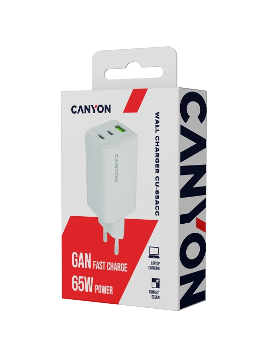 Canyon OnCharge 65CU tarmoq quvvatlash qurilmasi, GaN, Type C,65W,3 portli, tez quvvatlash