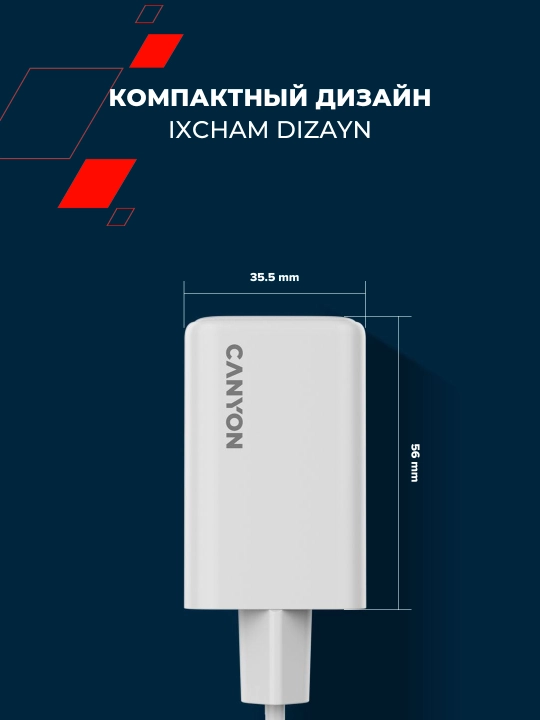 Canyon OnCharge 65CU tarmoq quvvatlash qurilmasi, GaN, Type C,65W,3 portli, tez quvvatlash