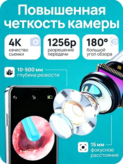 Kamera bilan aqlli quloq tozalagich, otoskop, yoritgich, Wi-Fi, silikon uchlar