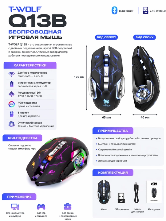 Игровая мышь с RGB подсветкой – T-WOLF Q13B - 