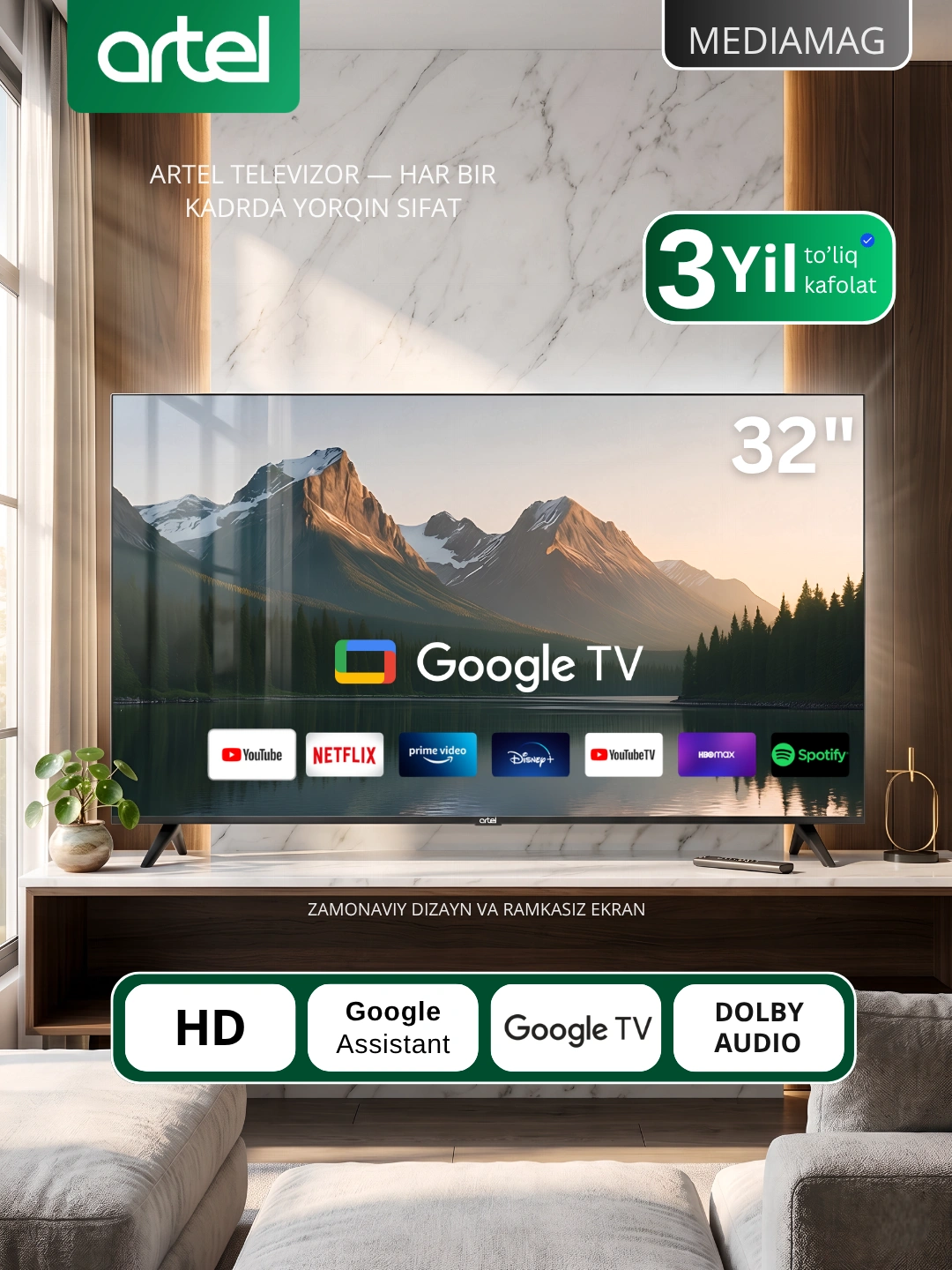 Телевизор Artel SMART A32PHCH010 Google tv HD, Dolby Digital+ за 1639000 сум со скидкой 34%. Uzum Market