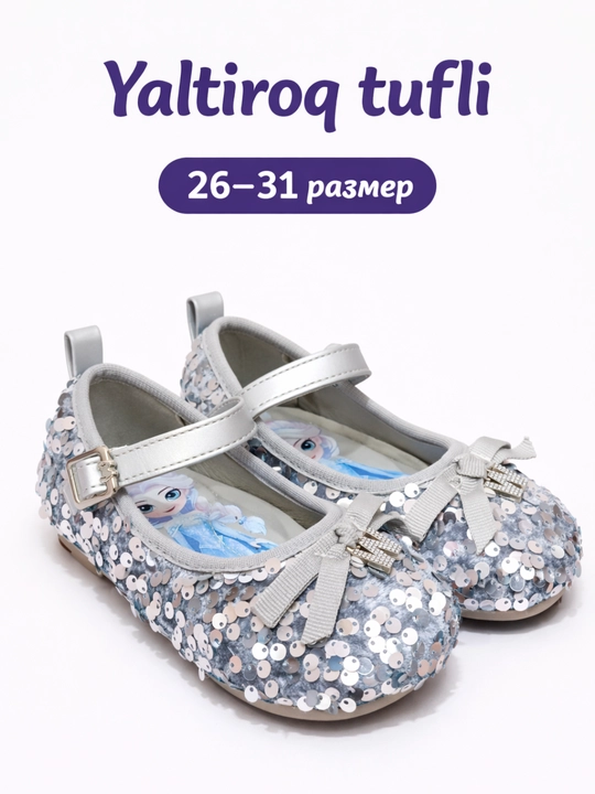 Payetkali tufli qizlar uchun, kumush rang, 26-31 o‘lcham, yaltiroq bayram oyoq kiyim - 