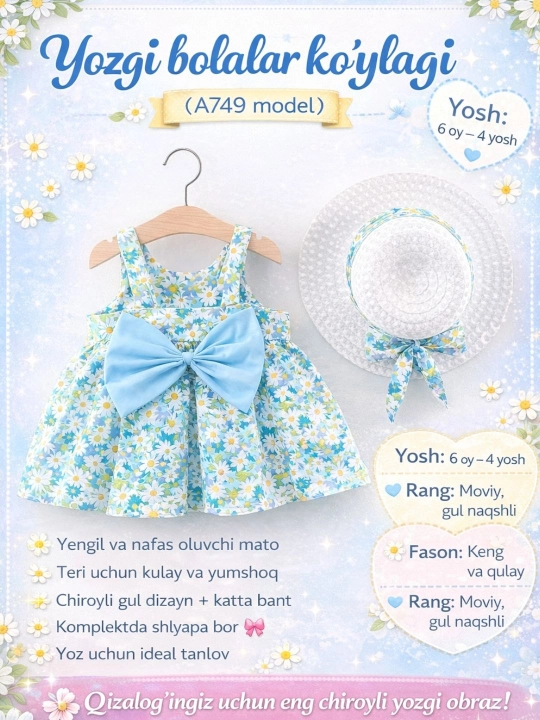 6 oylikdan 4 yoshgacha bo'lgan qizlar uchun yozgi libos: ko'ylak va shlyapa to'plami - 