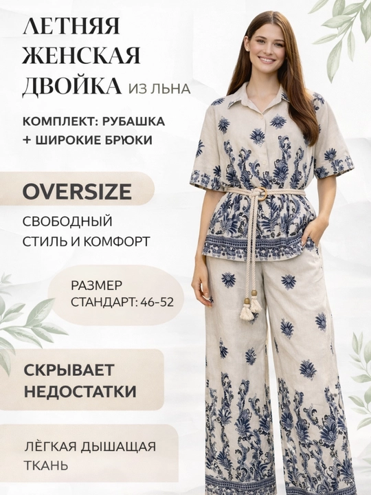 Ayollar uchun yozgi dvoyka lyon ko‘ylak+keng shim keng kostyum katta o‘lchami 46-52